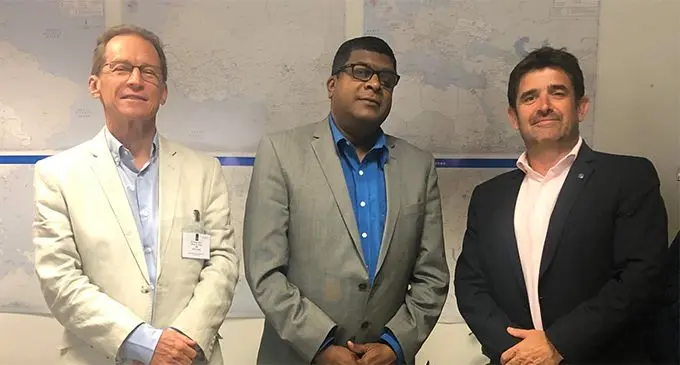 Peter French, Head of the WFP Fiji office, Minister Reddy and WFP Head of Logistics Pierre Honnorat.
