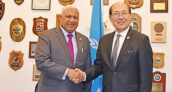 Prime Minister Honourable Josaia Voreqe Bainimarama met with the Secretary-General of the International Maritime Organisation Mr Kitack Lim on the margins of the biennial IMO in London last year.