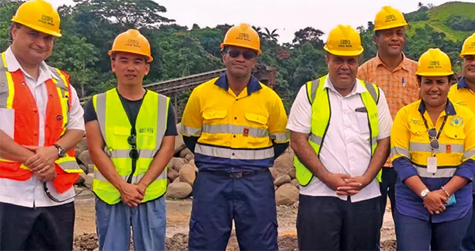 Minister for Lands and Mineral Resources Jone Usamate (third from left) with some of the team at Gold Rock Investments Limited in Dawasamu, Tailevu.
