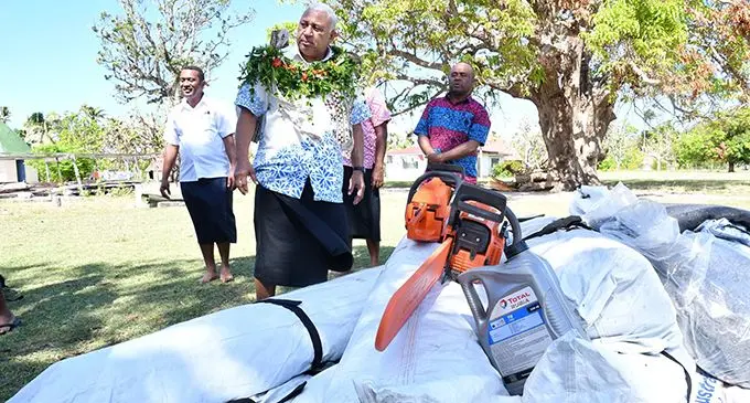 Prime Minister Voreqe Bainimarama arrived on Ono-I-Lau yesterday with relief supplies for those affected by TC Harold.  Photo: Deptfo