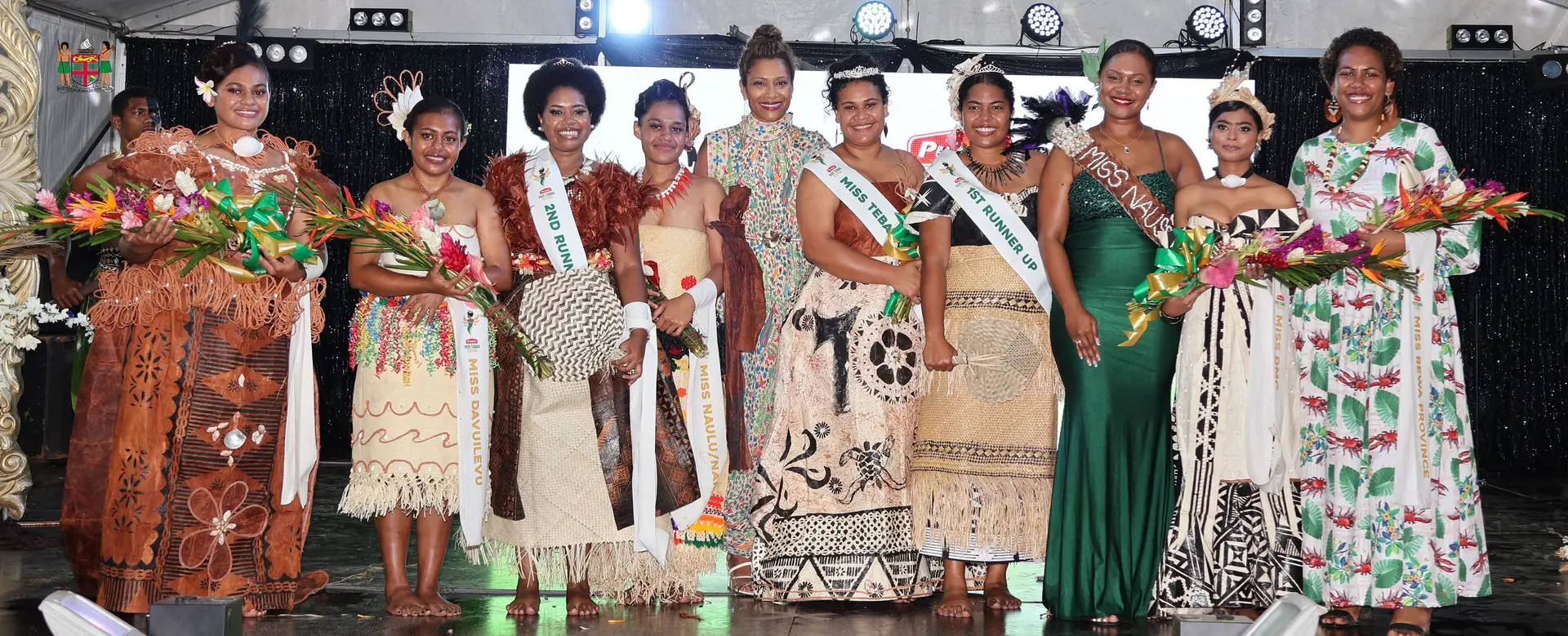 Minister for Information, Environment and Climate Change Lynda Tabuya with Tebara Queen contestants.