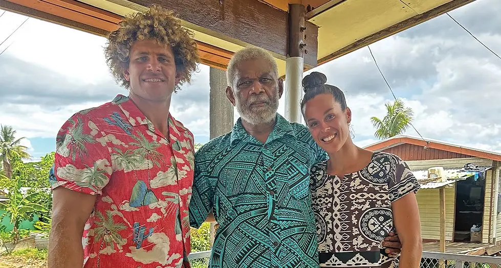 From left: Eloni Vunakece, dad Meli and his wife Mel at Tavualevu on December 10, 2023