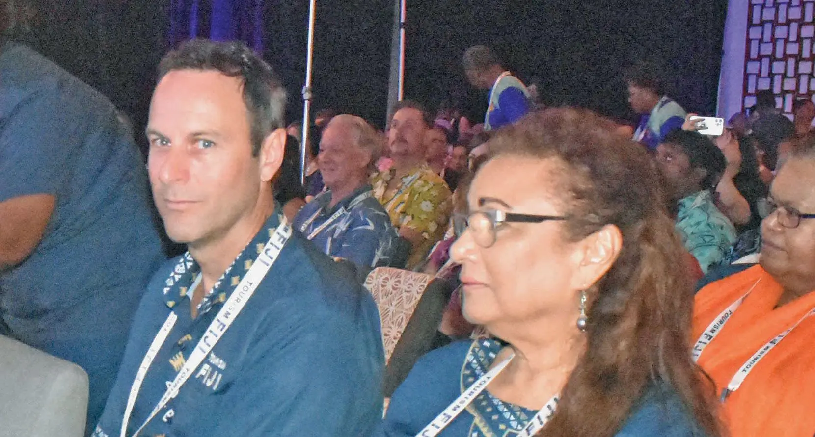 Tourism Fiji chief executive offcer, Brent Hill, and Fiji Hotel and Tourism Association, Fantasha Lockington at the opening of the Fiji Tourism Expo on May 6,2023.