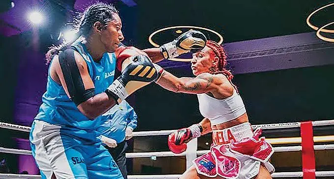 Maureen Numia Chand in battle with Australian boxer, Pemmy Denice. Photo: Supplied