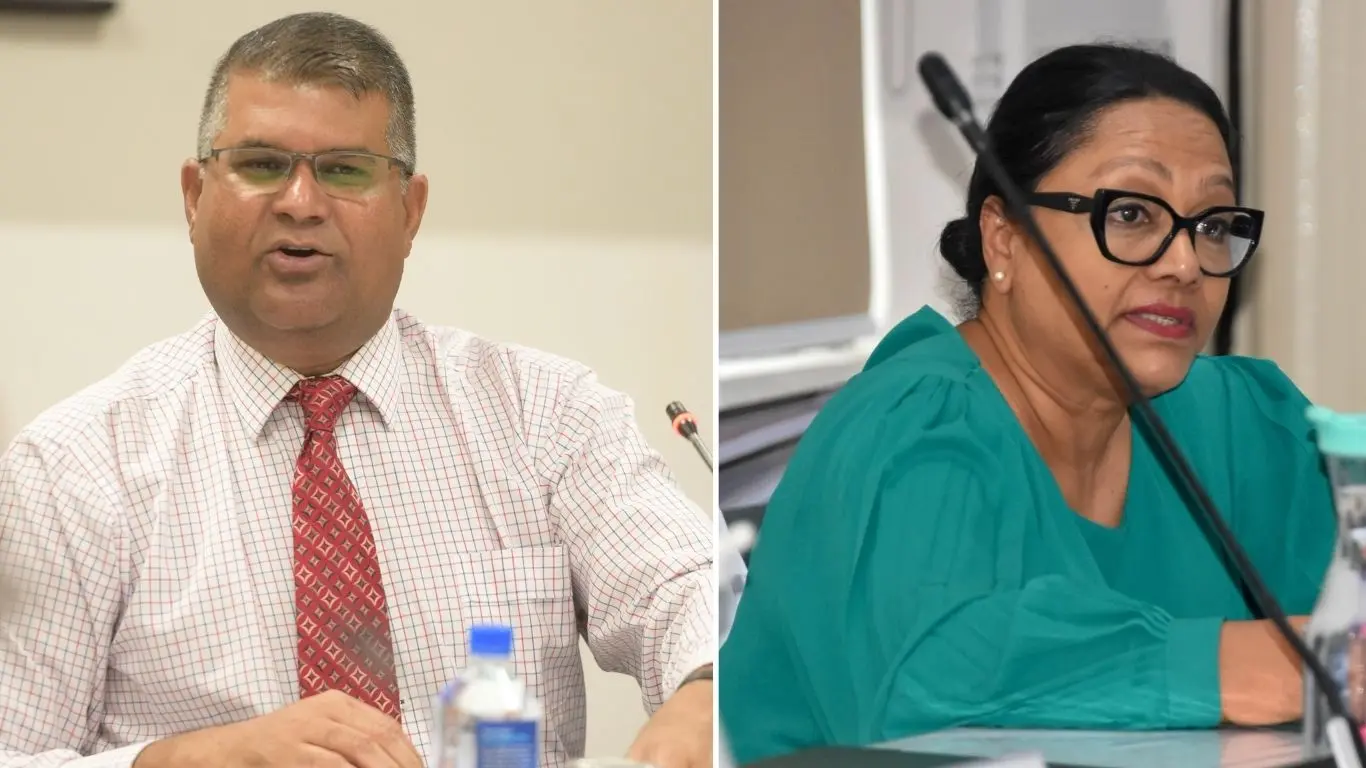 From left: Reserve Bank of Fiji Governor Ariff Ali and Opposition MP Premila Kumar.