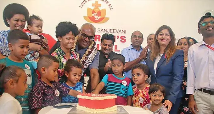 Minister for Health and Medical Services Dr Ratu Atonio Lalabalavu (garland), with children and Sai Prema Foundation Hospital representatives during the Congenital Heart Defect Awareness Week celebrations on February 5, 2024.