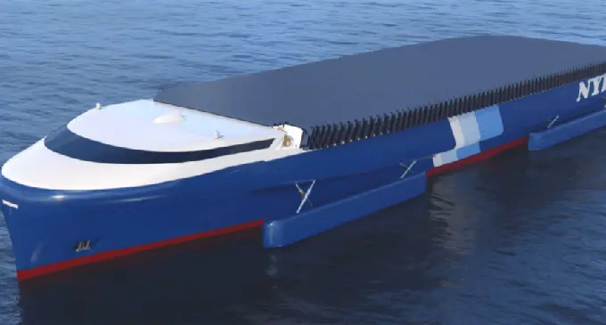 An artist’s impression of the NYK Super Eco Ship 2050 that will be powered by hydrogen fuel cells produced by renewable energy sources.