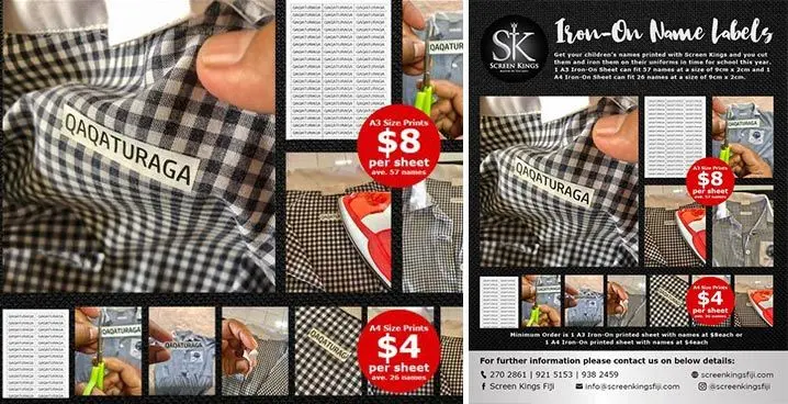 Flyer of Screen King Iron-on Name Labels.