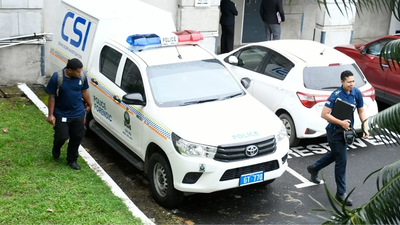 Police forensic officers conduct investigations into missing exhibits at the Suva Courthouse on October 1, 2026.