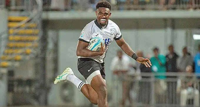 Flying Fijians fullback Vuate Karawalevu on his way to score his test debut try against Samoa on August 23, 2024. Photo: Leon Lord