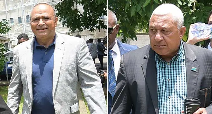 Suspended Police Commissioner Sitiveni Qiliho and Former Prime Minister Voreqe Bainimarama outside Court in Suva on February 14, 2024. Photos: Ronald Kumar