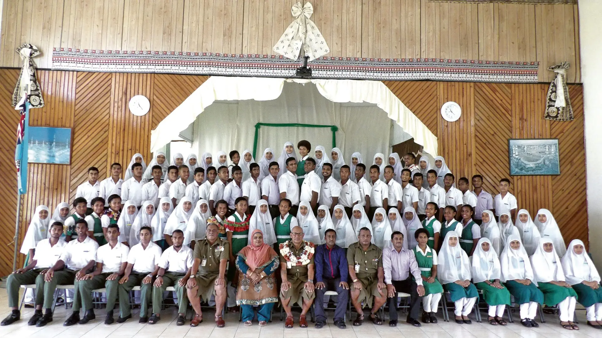 Chief Guest Lieutenant Colonel Samuela Vuetaki ( seated-front, 8th from left), Mrs Shabinah Ali (Kamil College principal) with the school prefect’s after the prefects induction at Kamil Muslim College in Ba on February 6,2018. Photo: Kamil Muslim College