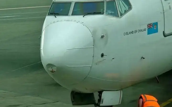 Visible damage on Fiji Airways jet nose after bird strike