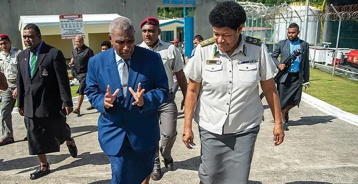 Attorney-General Siromi Turaga with Acting Commissioner of Correction Salote Panapasa in discussion during his visit to the Corrections Facility on March 13, 2023. Photo: Leon Lord