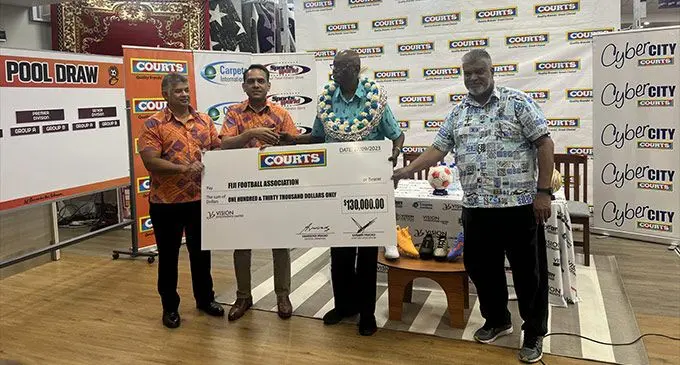 The $130,000 cheque presentation between Courts executives and the Fiji Football Association management at Courts Samabula on September 30, 2023. Photo: Sereana Salalo