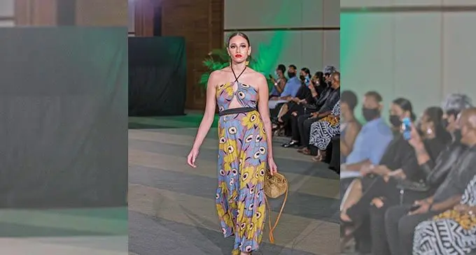 A model in a piece of Sara Du’s Tropical Chaos collection, during the Wearing Fiji Fashion Show at Grand Pacific Hotel in Suva on November 13, 2021. 