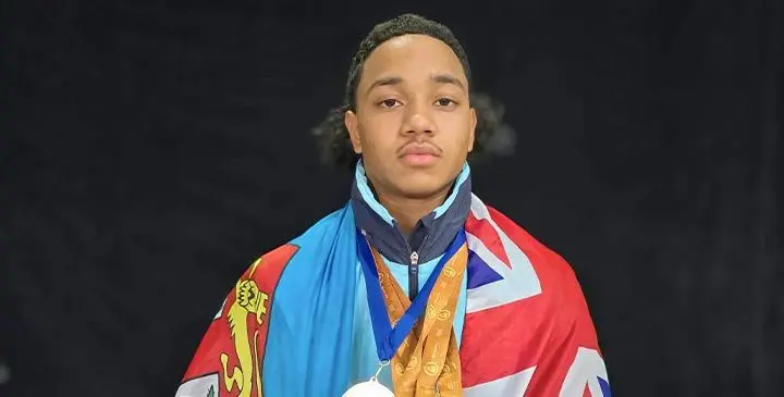 Team Fiji Weighlifting Nehemiah Elder with his gold medals at the at the Pacific Mini Games in Koror, Palau on July 4, 2025. Photo: Team Fiji/ Anushil Kumar