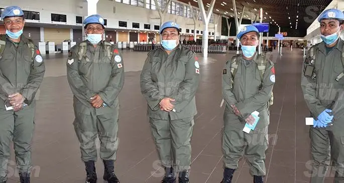 From left: Lance Corporal Mereciri Waqainabete, Sergeant Emi Naceva, Warrant Officer I Mereseini Lasike, Private Mereseini Moli and Private Josephine Tavaga at the Nadi International Airport on April 24, 2021. Photo: Waisea Nasokia