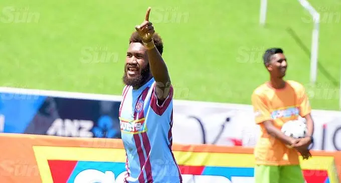 Nasinu striker Marlon Tahioa celebrates his goal against Suva. Photos: Ronald Kumar