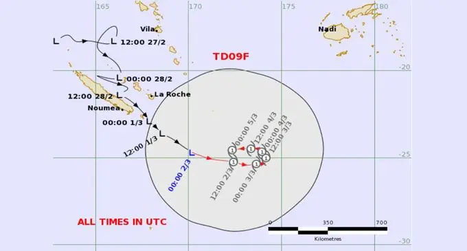 Forecast Track Map for Tropical Depression 09F (TD09F) that was issued by the Fiji Meteorological Service National Weather Forecasting Centre at 12pm today, 2nd March, 2022.