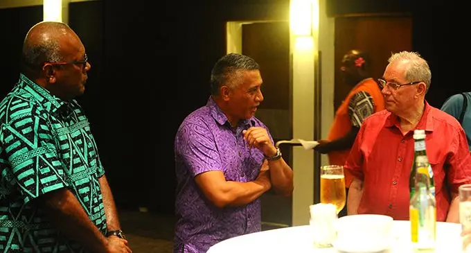 Chief Justice Anthony Gates speaks to NZ Defence Attaché Lt. Col. Josh Wineera and RFMF legal officer Lt. Col. Tuinaosara during a dinner hosted by RFMF on February 17, 2019. Photo: RFMF Media Cell