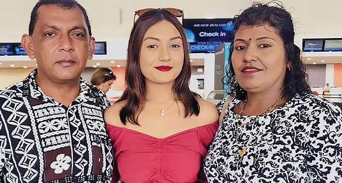 Proud father Asesh Prasad Ashlin Alveena Prasad, and wife Aireen Lata at the Nadi International Airport. Photo: Waisea Nasokia