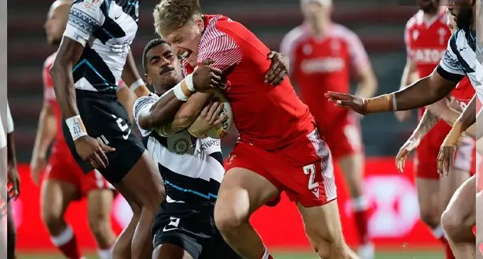 Fiji Airways Fijian 7s halfback Philipo Bukayaro tackles Tyler Morgan of Wales in their Pool B clash at the Stade Toulousain in Toulouse, France on May 20, 2022. Photo: World Rugby  