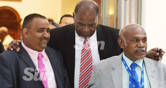 From left: Government MP Rohit Sharma and Opposition Members of Parliament Niko Nawaikula and Mitieli Bulanauca outside Parliament on February 20, 2020. Photo: Ronald Kumar