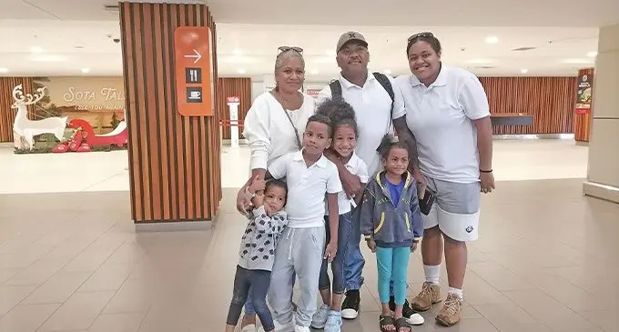 Back from left: Bania Koroiveibau, Ioane Koroiveibau, Hannah Kuinikoro with the Koroiveibau siblings, (front from left), Seni, Sera, Tanya and John at the Nadi International Airport