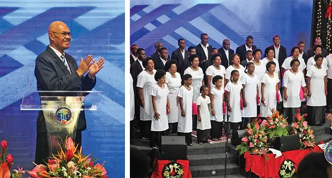 Christian Mission Fellowship International President and Founder Reverend Suliasi Kurulo and the Choir at the World Harvest Centre in Nasinu. Photo: Christian Mission Fellowship International