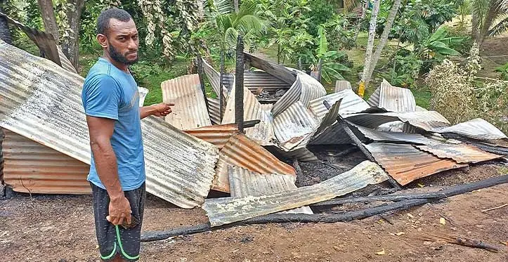 Oliva Malata pointing at the remains of his house in Nasekula Village, Labasa on October 11, 2023. Photo: Shratika Naidu