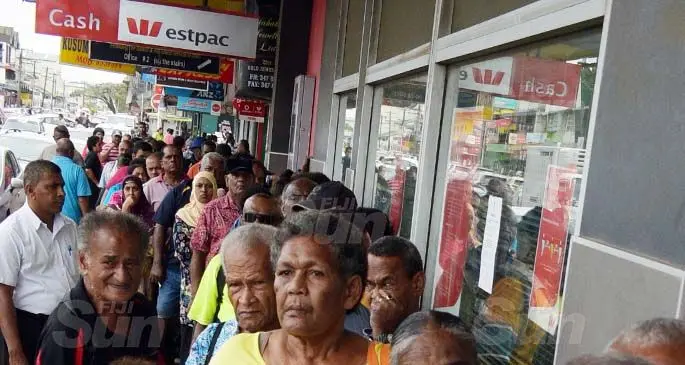 Many waited in line for hours outside Westpac Nausori branch for their Social welfare payment. Photo: File
