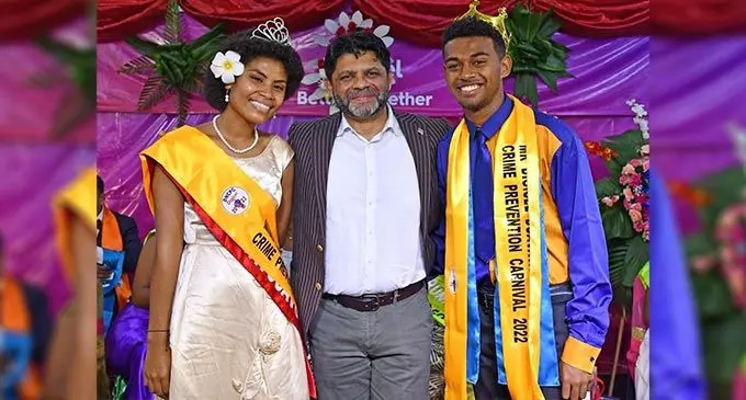 2022 Miss Digicel Duavata Northern Crime Prevention Carnival Sophia Fatafei, Attorney-General and Minister for Economy Aiyaz Sayed-Khaiyum and Mr Digicel Duavata Northern Crime Prevention Carnival Oliver Simon Dyer at Subrail Park in Labasa on July 16, 2022. Photo: Fijian Government