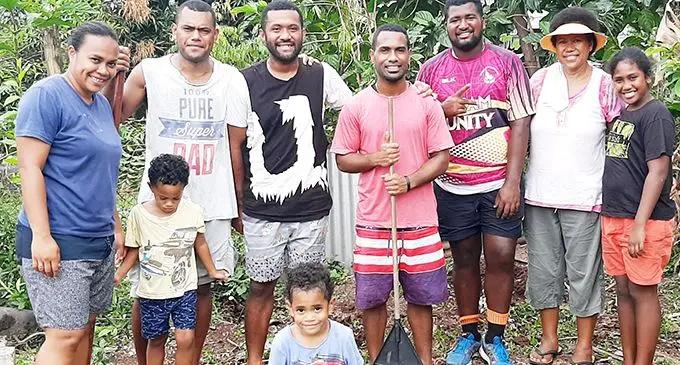 Waisiki Naqiolevu (third from left), Uraia Buresova and Luke Vunasau with Halelujah Chesed (second from right) and her family in Kaunitoni, Lautoka on April 28, 2020. Photo: Salote Qalubau
