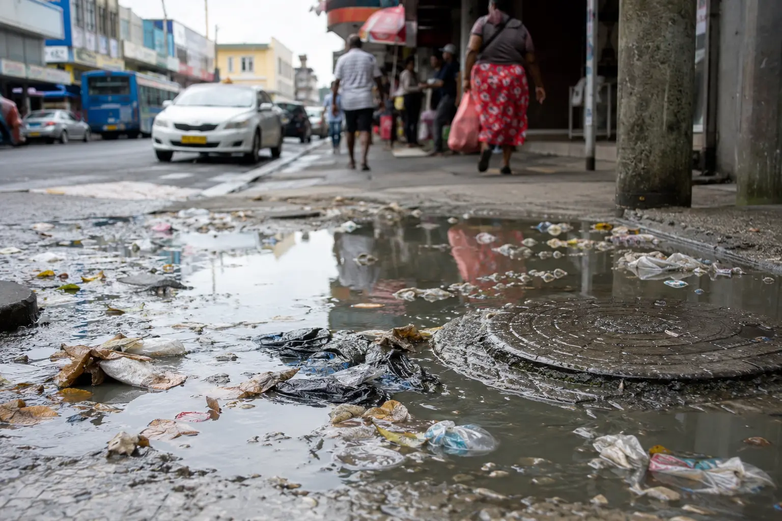 Waste and blocked drainage leave a Suva street awash with dirty water, highlighting the environmental and public health costs of poor waste disposal