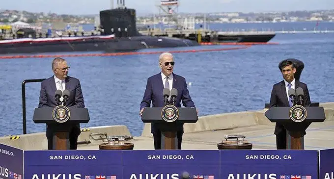 President Joe Biden (second from left) speaks after meeting with British Prime Minister Rishi Sunak, (third from left), and Australian Prime Minister Anthony Albanese at Naval Base Point Loma in San Diego on March 13, 2023. Photo: AP