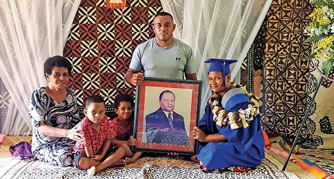 From left: The wife of the late Osea Naiqamu, Ulukalisi Naiqamu (senior), grandson, Isaia Rasila, granddaughter, Ulukalisi Naiqamu, son-in-law, Pita Degei and daughter, Vutaieli Naiqamu at their family home in Natabua, Lautoka on January 26, 2022.  Photo: Nicolette Chambers 