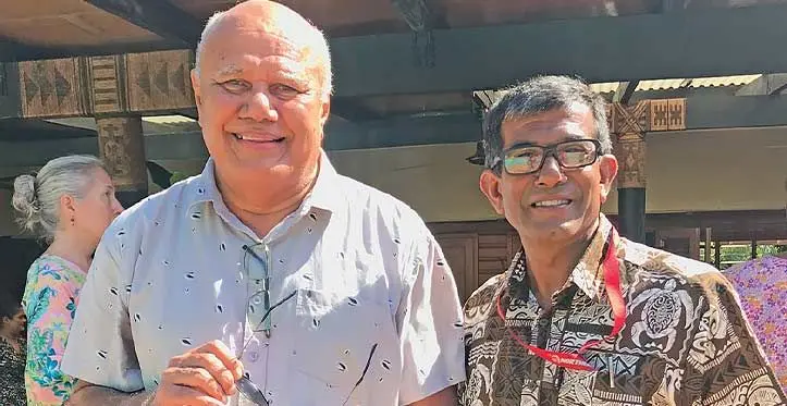 Deputy Prime Minister and Minister for Tourism and Civil Aviation, Viliame Gavoka, (left) with the Northern Air owner, Captain Rainjesh San, during the Investment Fiji forum with Savusavu Chamber of Commerce and Savusavu Tourism Association at Daku Resort in Savusavu on May 2, 2023. Photo: Shratika Naidu