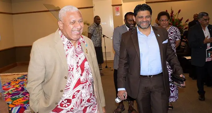 Prime Minister Voreqe Bainimarama and Attorney General Aiyaz Shayed-Khaiyum followed by Minister for Health Dr Iferemi Waqainabete, and Minister for Women Meresaini Vuniwaqa during the Fiji National Consultation workshop on 2050 Strategy of the Blue Pacific Continent at the Grand Pacific Hotel on August 28, 2020. Photo: Ronald Kumar