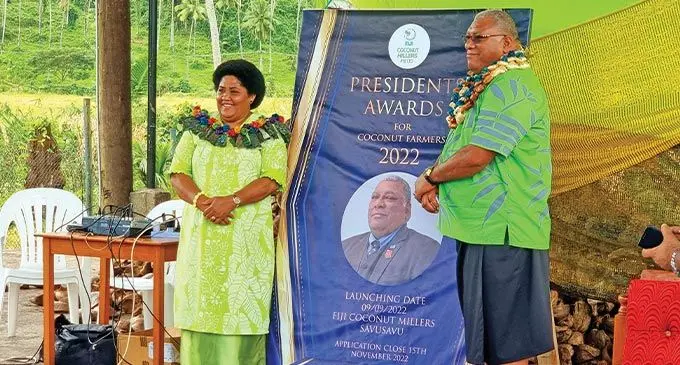President Ratu Wiliame Katonivere accompanied by First Lady, Adi Filomena Katonivere launching the President’s Coconut Farmers Award launch at the Fiji Coconut Millers in Savusavu. Photo: Sampras Anand