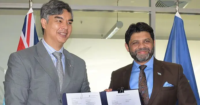EU Ambassador for the Delegation of the European Union of the Pacific, Sujiro Seam (left) and Attorney General and Minister for Economy Aiyaz Sayed- Khaiyum during financing agreement signing on June 4, 2020. Photo: Ronald Kumar