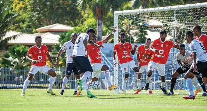 Suva striker Alex Saniel (left) attempts to score a goal during their match against Rewa at ANZ Stadium on October 31, 2021. Photo: Leon Lord