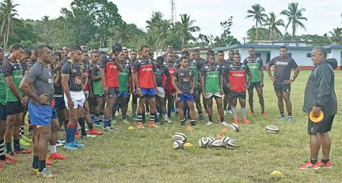 Nadroga rugby head coach Esala Nauga (right) works with his extended squad which included young players during training at Lawaqa Park, Sigatoka. Photo: Waisea Nasokia