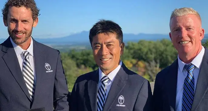 From left: Fiji Airways Flying Fijians coaching staff Damian Marsh, Hiroaki Nitta and John Pryor during the welcoming ceremony in Abashiri, Japan, on September 14, 2019. Photo: FRU Media