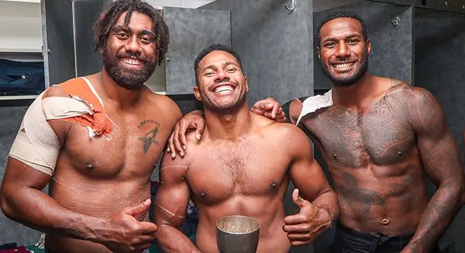 Queensland Reds (from left) Seru Uru, Filipo Daugunu and Suliasi Vunivalu in their dressing room at the Suncorp Stadium in Brisbane, Australia. Photo: Reds