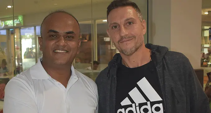 Lautoka Football’s Anjinesh Prasad (left) with Christophe Gamel at the Nadi International Airport on November 8, 2022. Photo: Waisea Nasokia.