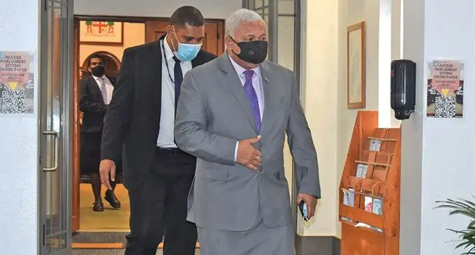 Prime Minister Voreqe Bainimarama outside Parliament on June 3, 2021. Photo: Parliament News