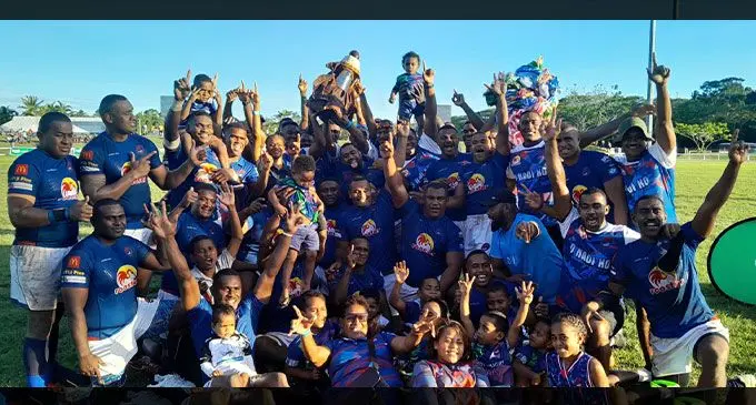 Nadi rugby players, officials and supporters celebrate winning the INKK Farebrother Challenge at Lawaqa Park, Sigatoka, on September 30, 2023. Photo: Waisea Nasokia 