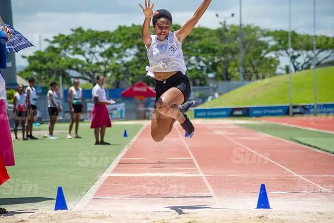 Lagakali house senior gilrs long jumper, Tokasa Turuva, during the ACS interhouse competition at the ANZ Stadium in Laucala Bay , Suva, on Febuary 20, 2021. Photo: Leon Lord