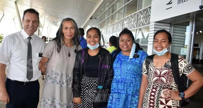 From left: Saying farewell Mission President John Higgins and Naomi Higgins farewell Annalisi Tauti, Roseta Faafetai and Savelina Tamotu at the Nadi International Airport on August 8, 2020. Photo: Mereleki Nai